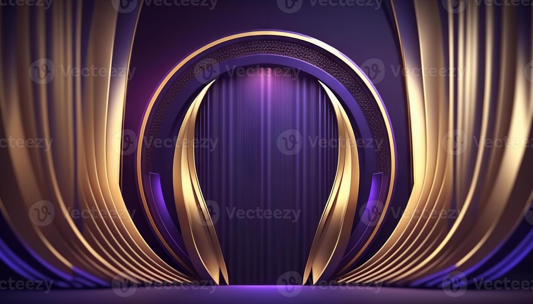 Blue purple Golden Curtain Stage Award Background. Trophy on Red Carpet Luxury Background. photo