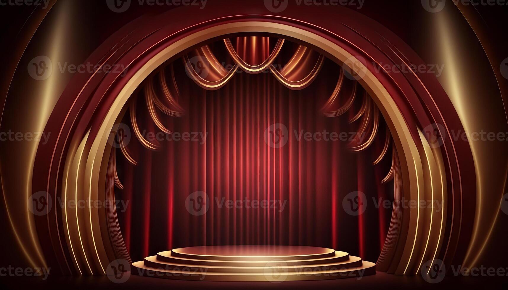 Red Maroon Golden Curtain Stage Award Background. Trophy on Red Carpet Luxury Background. photo