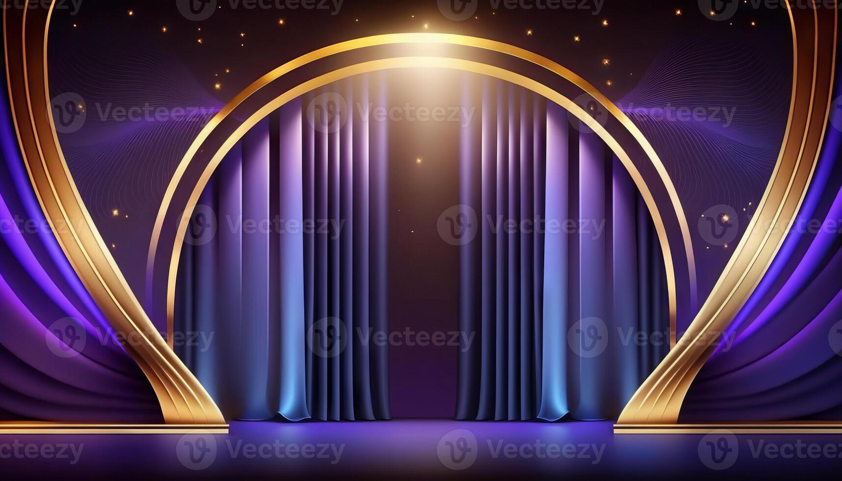 Blue purple Golden Curtain Stage Award Background. Trophy on Red Carpet Luxury Background. photo