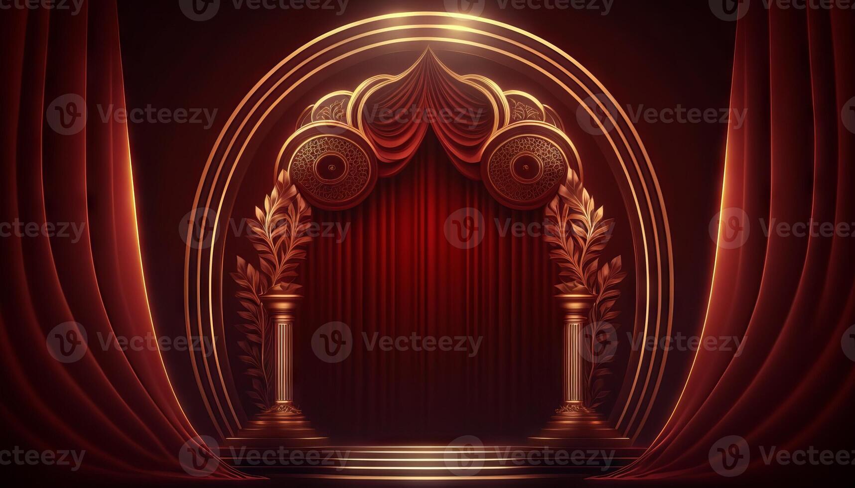 Red Maroon Golden Curtain Stage Award Background. Trophy on Red Carpet Luxury Background. photo