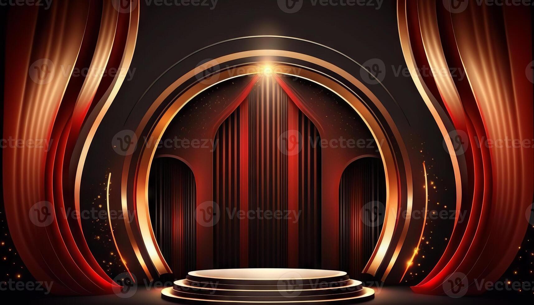 Black Golden Curtain Stage Award Background. Trophy on Red Carpet Luxury Background. photo