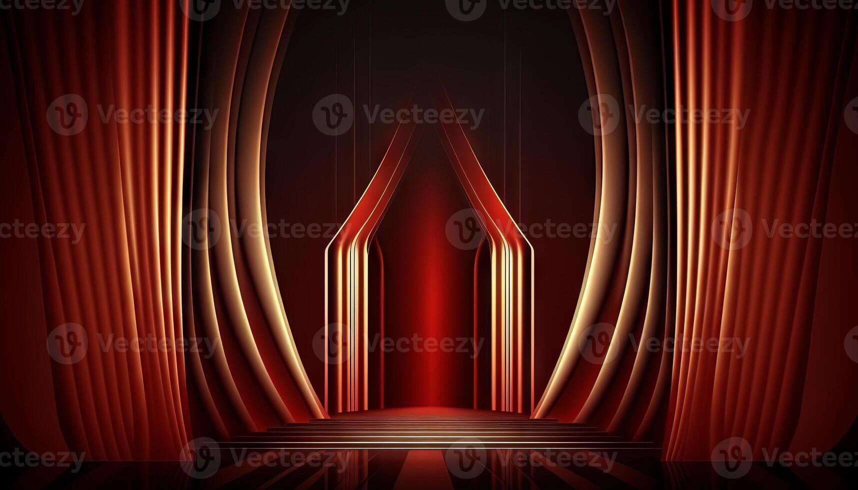 Red Maroon Golden Curtain Stage Award Background. Trophy on Red Carpet Luxury Background. photo