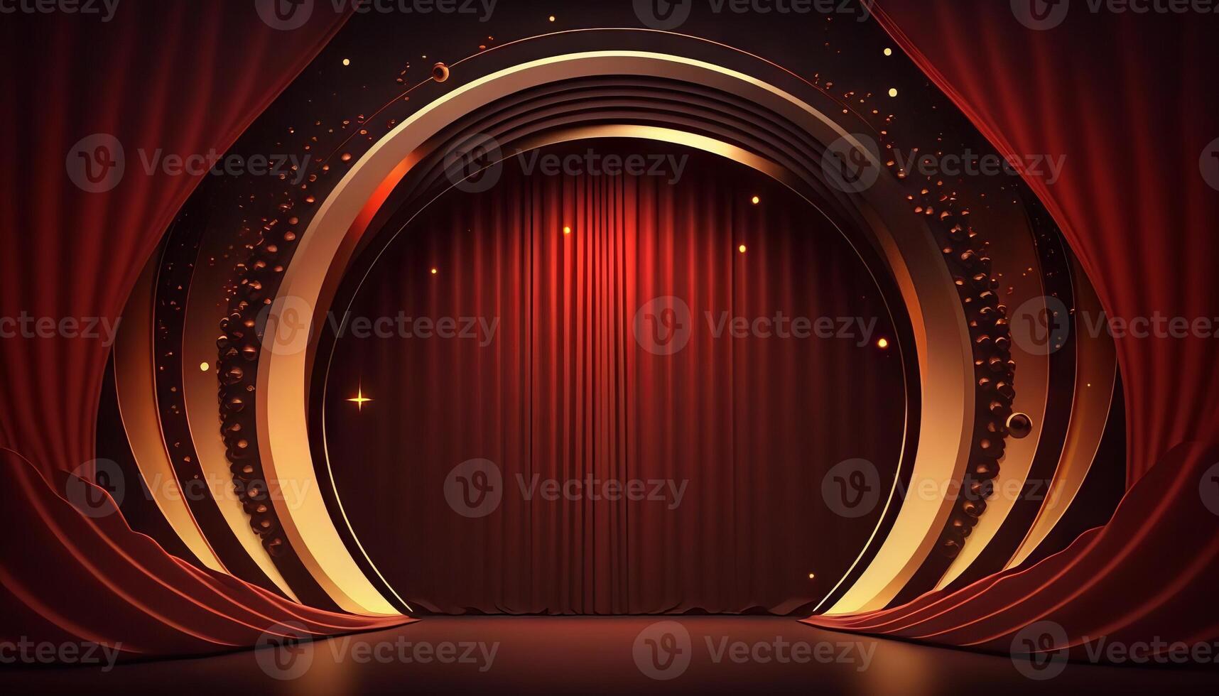 Red Maroon Golden Curtain Stage Award Background. Trophy on Red Carpet Luxury Background. photo