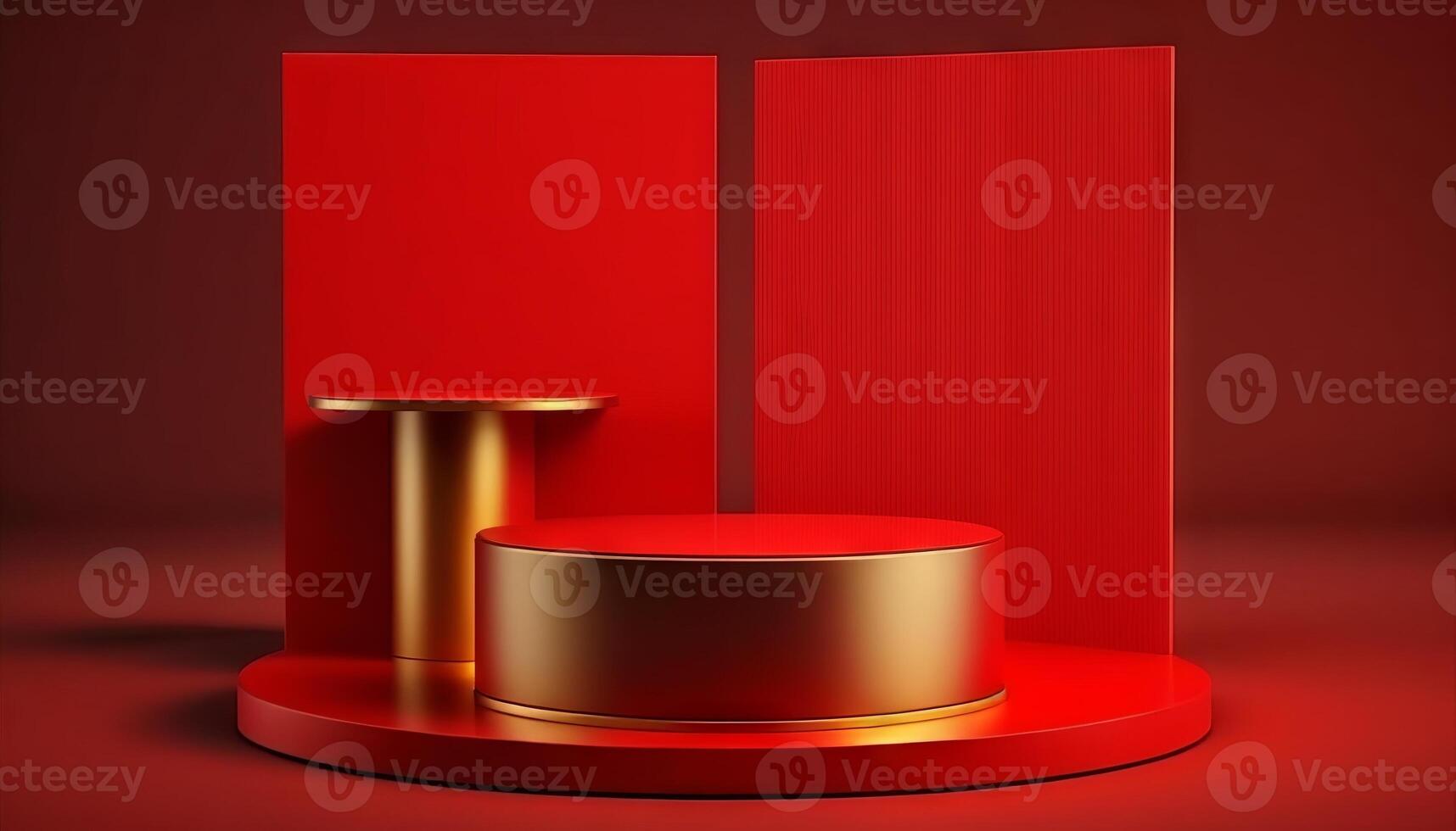 Red product background stand or podium pedestal on empty display with blank backdrops. photo