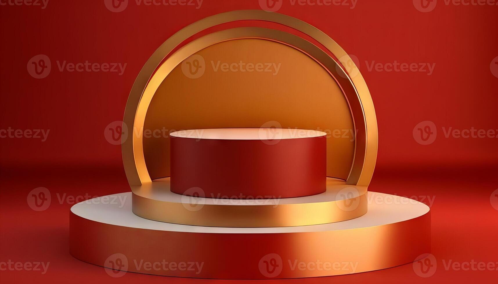 Luxury gold podium 3d stage on red background with golden round presentation product display stand. photo