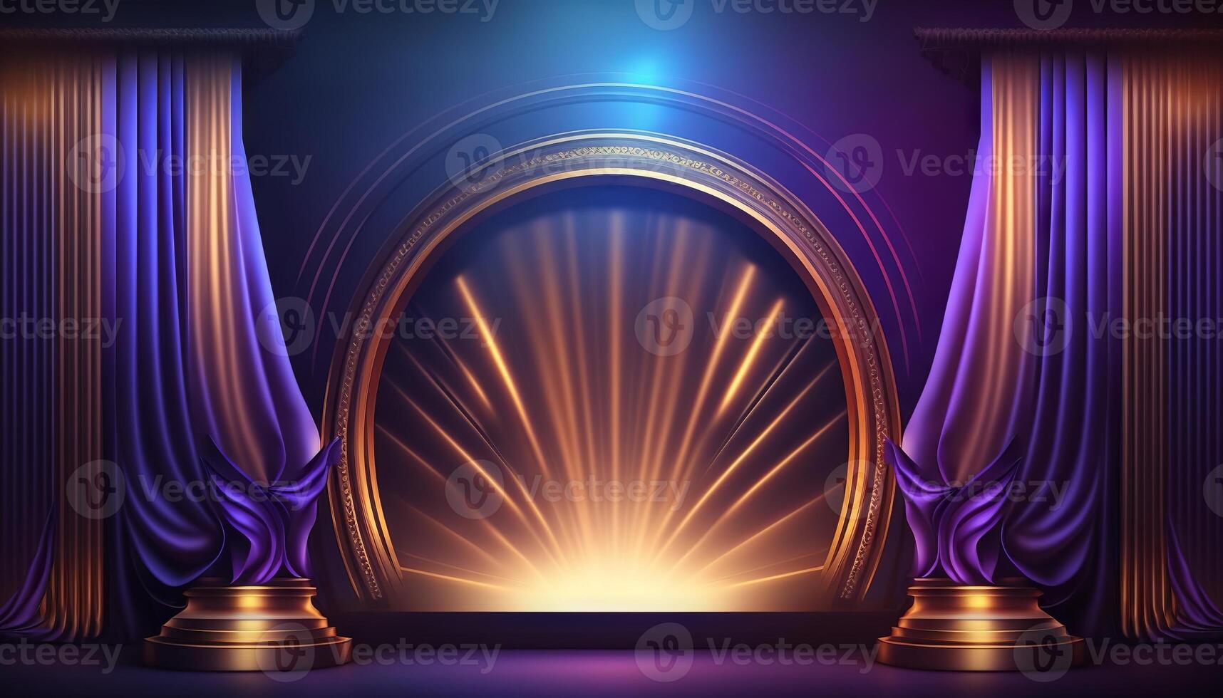 Blue purple Golden Curtain Stage Award Background. Trophy on Red Carpet Luxury Background. photo