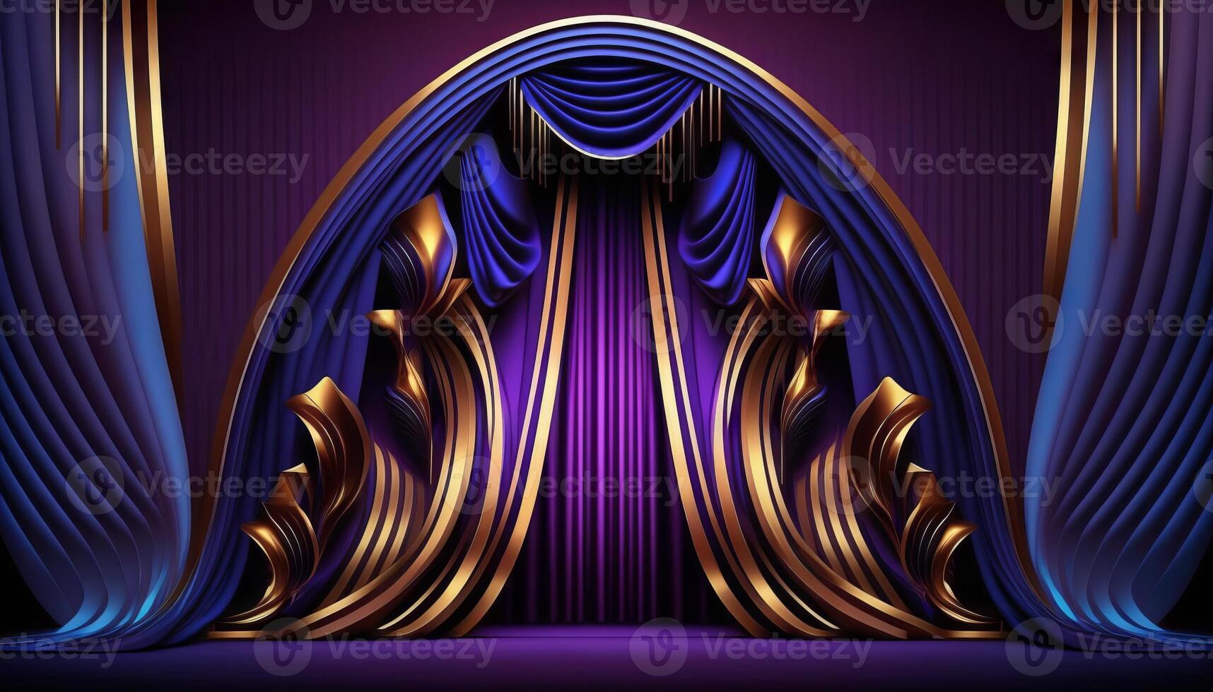 Blue purple Golden Curtain Stage Award Background. Trophy on Red Carpet Luxury Background. photo