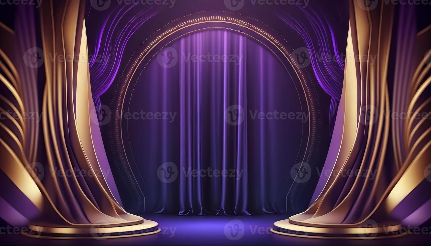 Blue purple Golden Curtain Stage Award Background. Trophy on Red Carpet Luxury Background. photo
