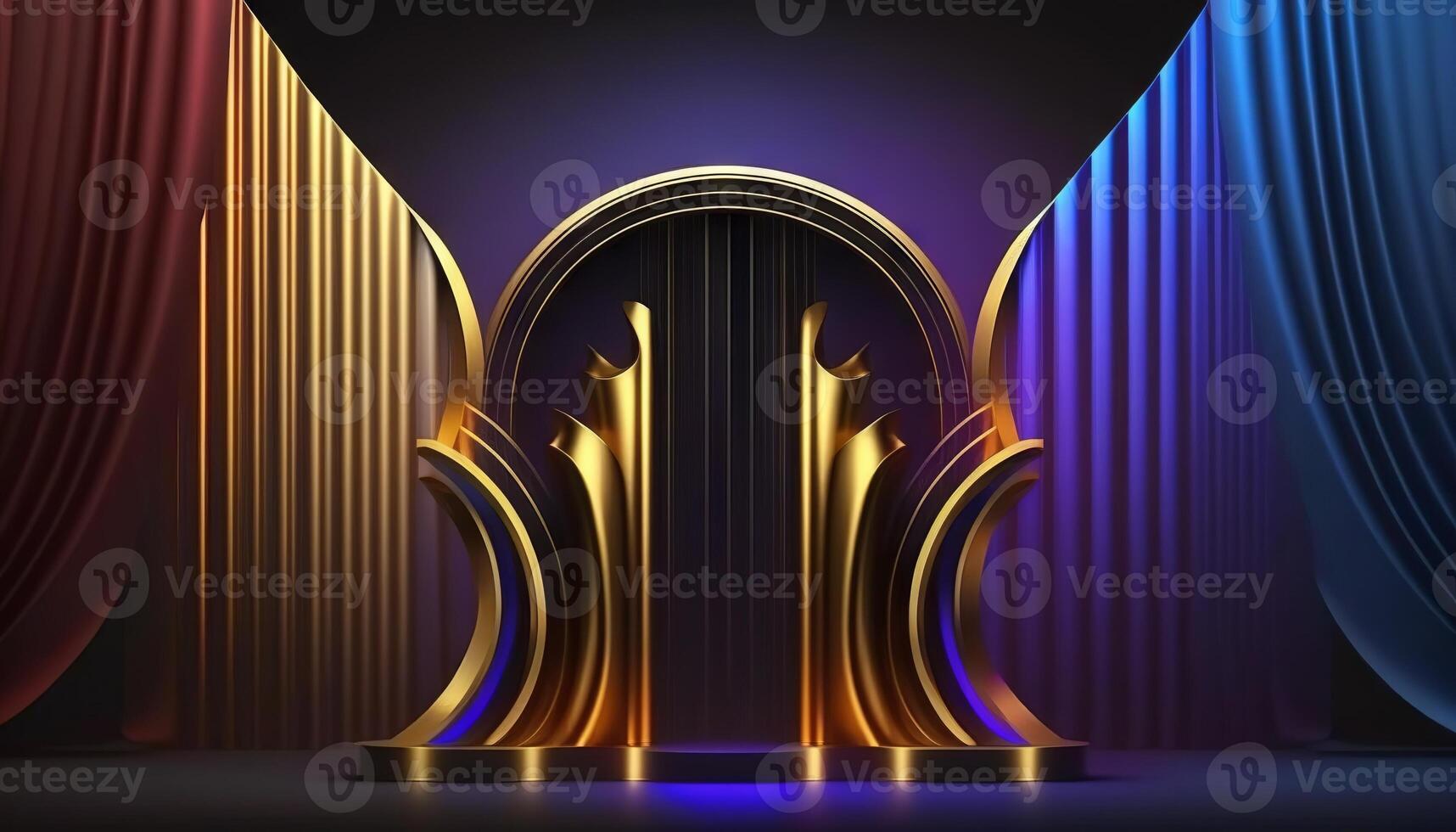 Blue purple Golden Curtain Stage Award Background. Trophy on Red Carpet Luxury Background. photo