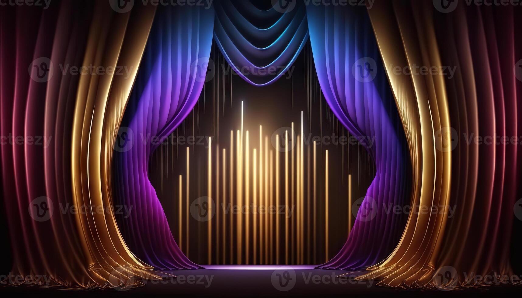 Blue purple Golden Curtain Stage Award Background. Trophy on Red Carpet Luxury Background. photo