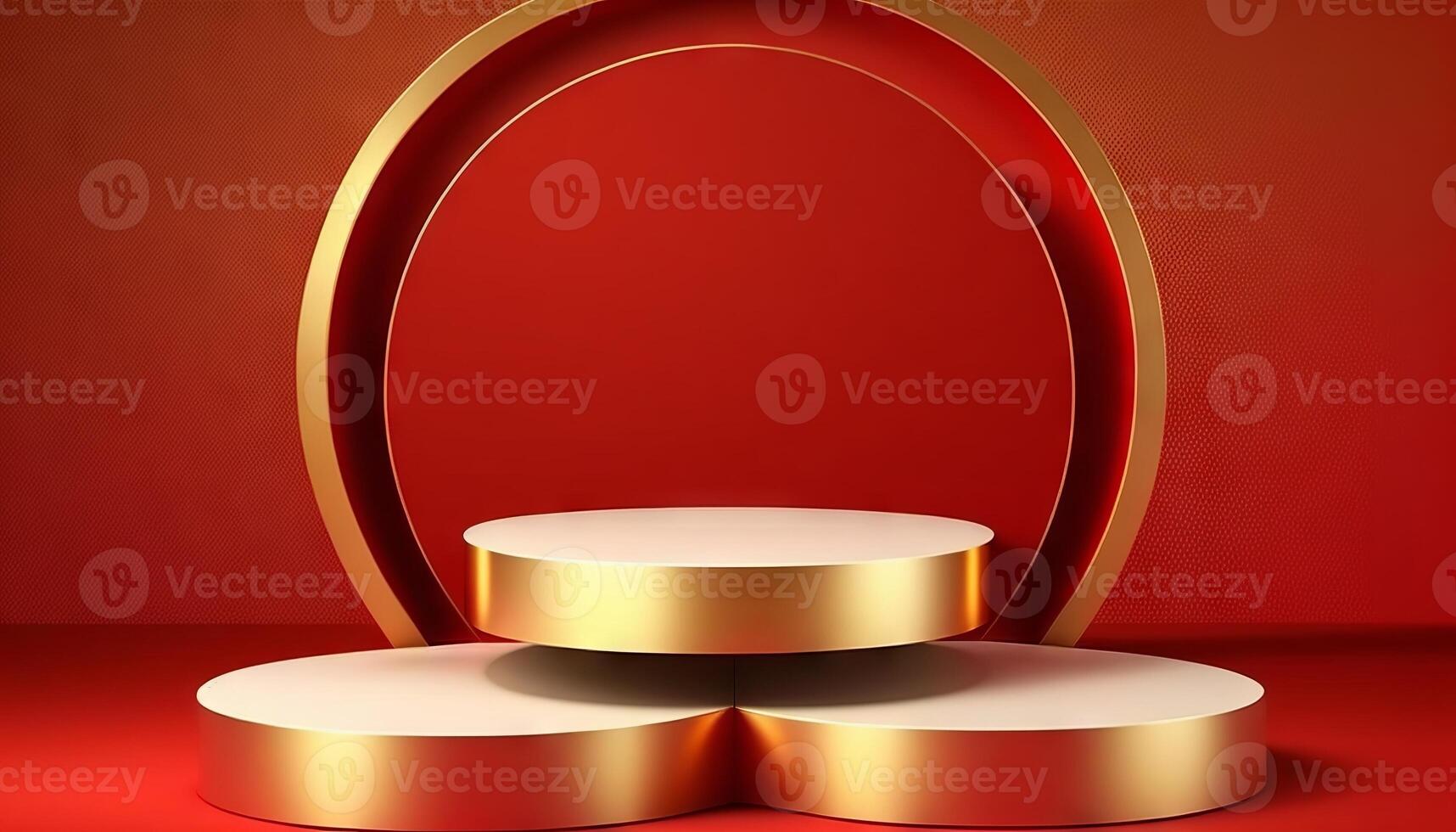Luxury gold podium 3d stage on red background with golden round presentation product display stand. photo
