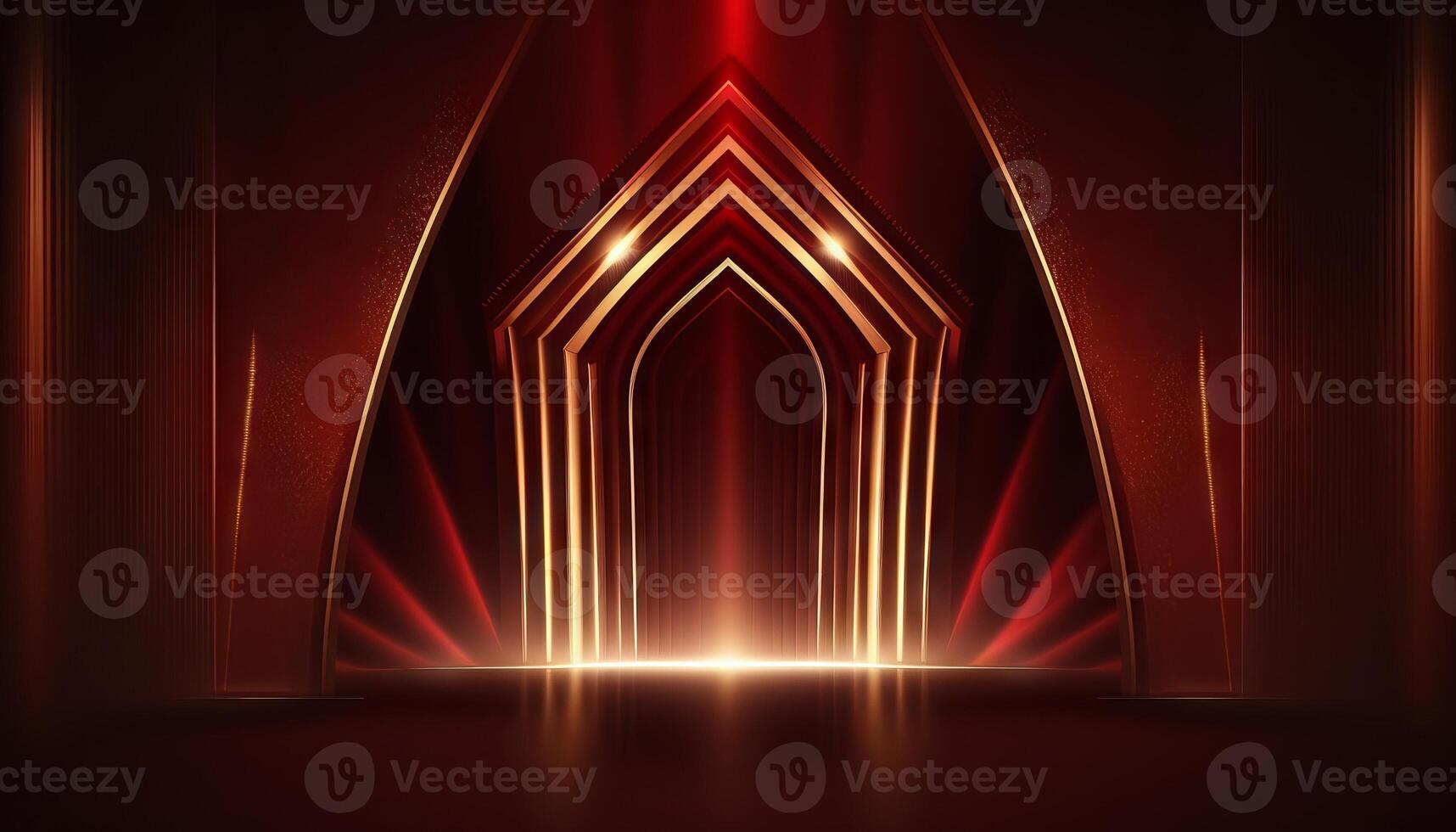 Red Maroon Golden Curtain Stage Award Background. Trophy on Red Carpet Luxury Background. photo