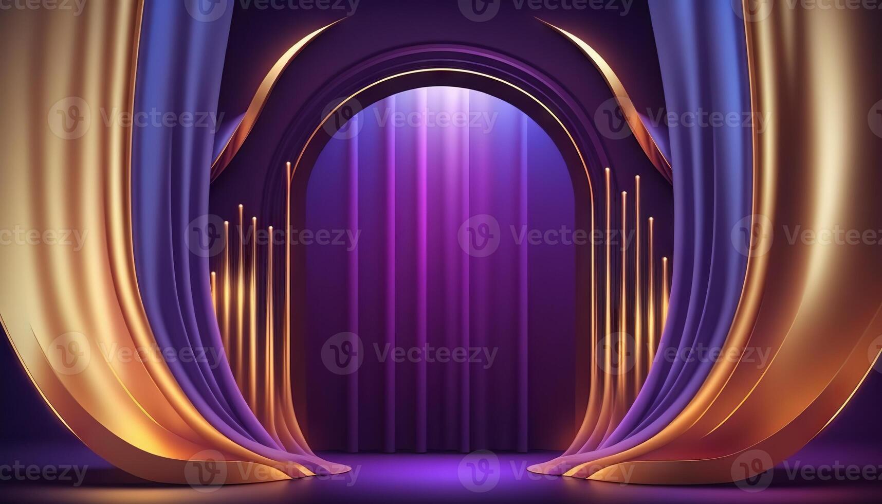 Blue purple Golden Curtain Stage Award Background. Trophy on Red Carpet Luxury Background. photo
