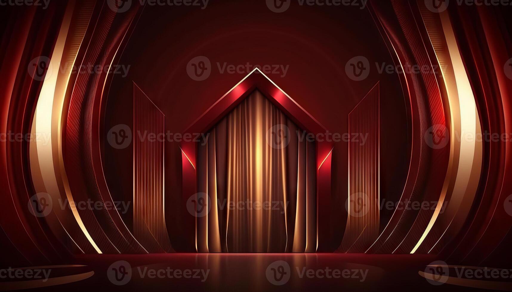 Red Maroon Golden Curtain Stage Award Background. Trophy on Red Carpet Luxury Background. photo