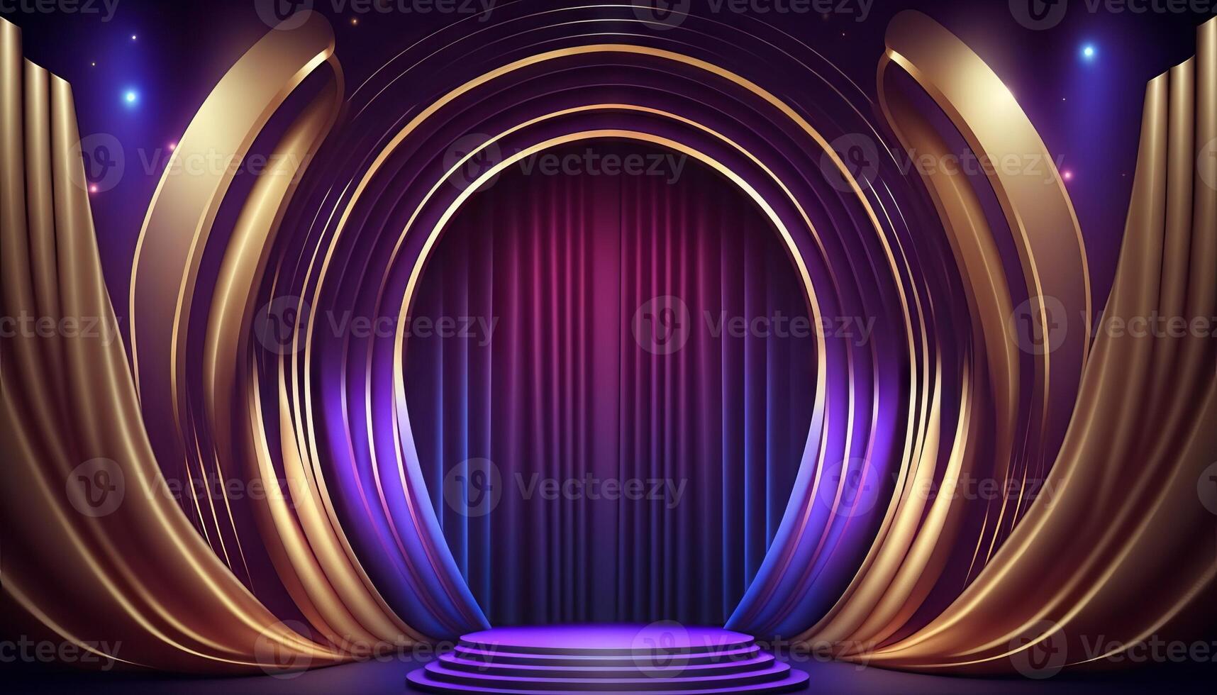 Blue purple Golden Curtain Stage Award Background. Trophy on Red Carpet Luxury Background. photo