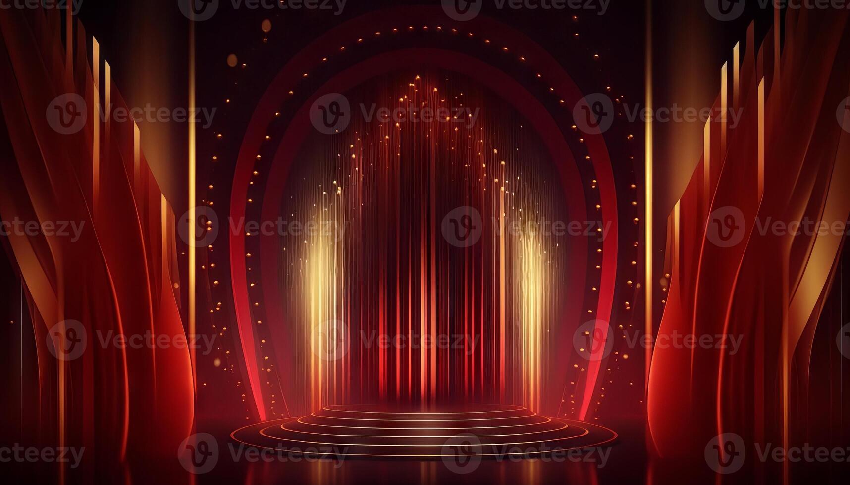 Red Maroon Golden Curtain Stage Award Background. Trophy on Red Carpet Luxury Background. photo