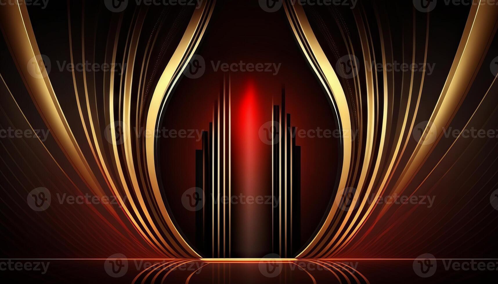 Black Golden Curtain Stage Award Background. Trophy on Red Carpet Luxury Background. photo
