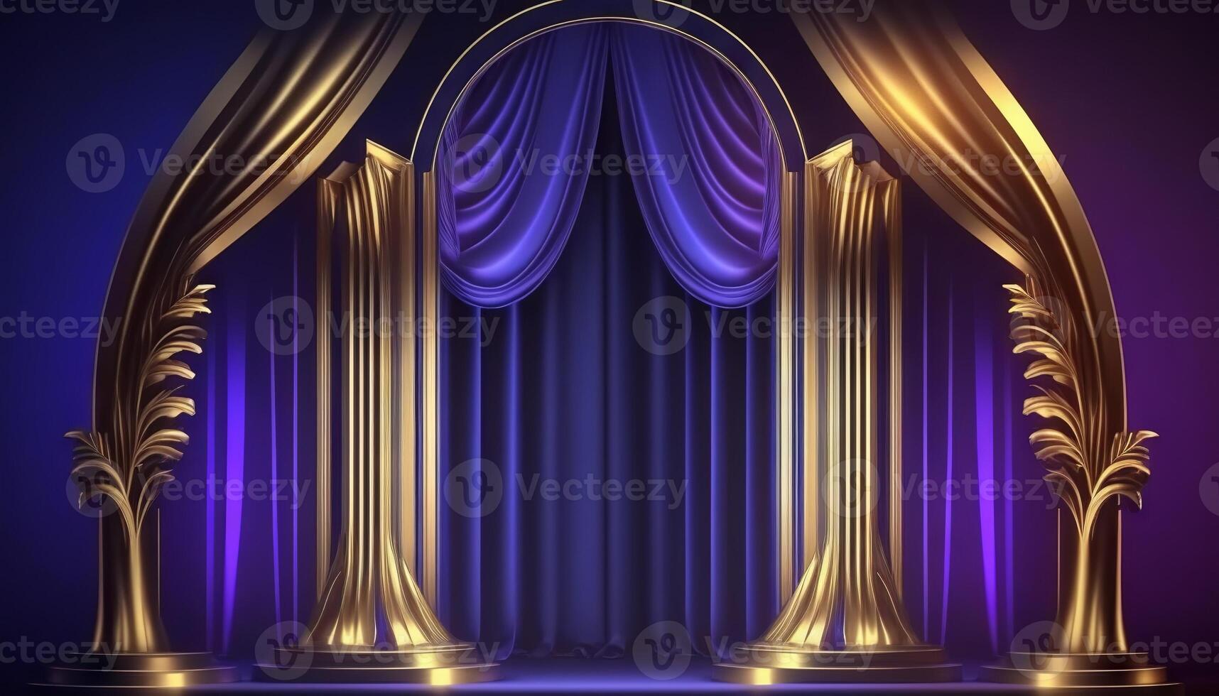 Blue purple Golden Curtain Stage Award Background. Trophy on Red Carpet Luxury Background. photo
