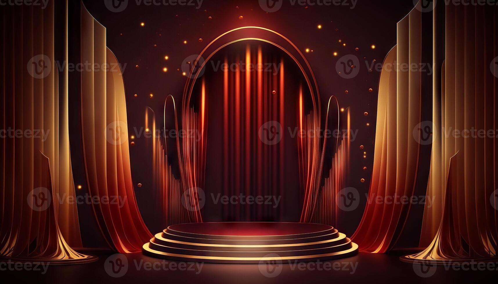 Red Maroon Golden Curtain Stage Award Background. Trophy on Red Carpet Luxury Background. photo