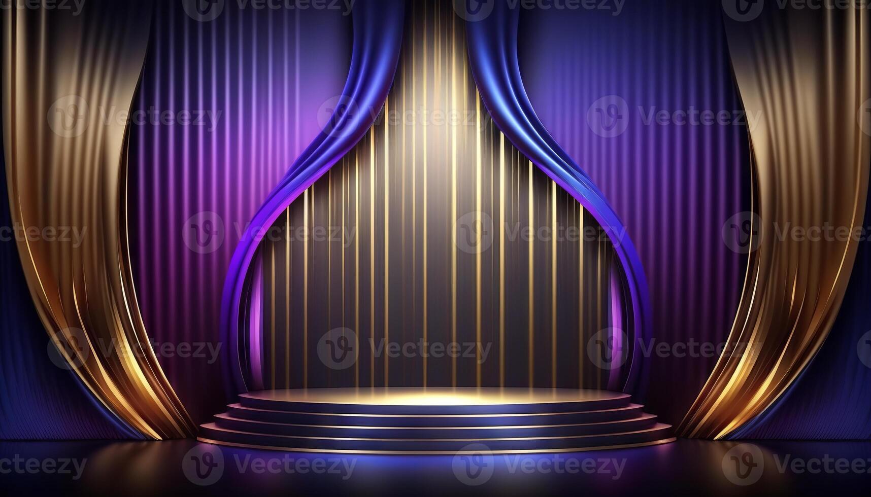 Blue purple Golden Curtain Stage Award Background. Trophy on Red Carpet Luxury Background. photo