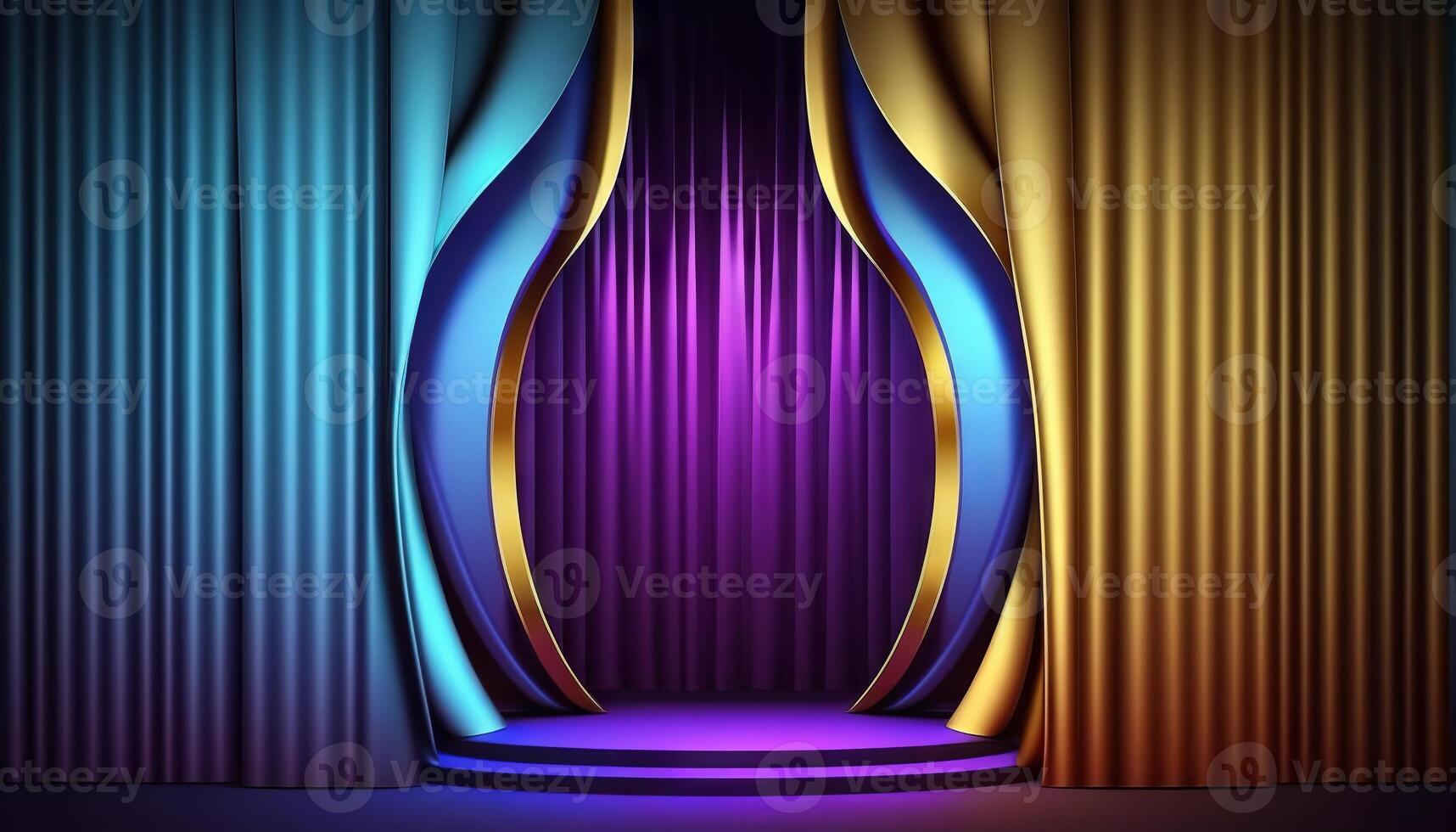 Blue purple Golden Curtain Stage Award Background. Trophy on Red Carpet Luxury Background. photo