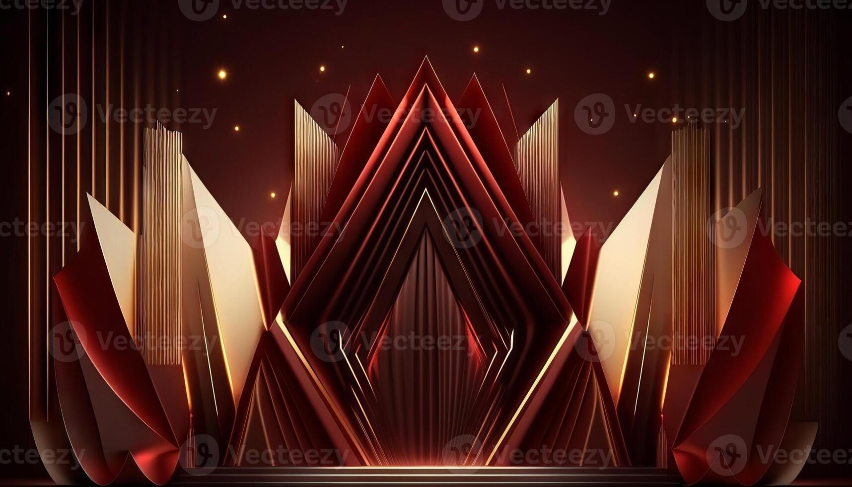 Red Maroon Golden Curtain Stage Award Background. Trophy on Red Carpet Luxury Background. photo