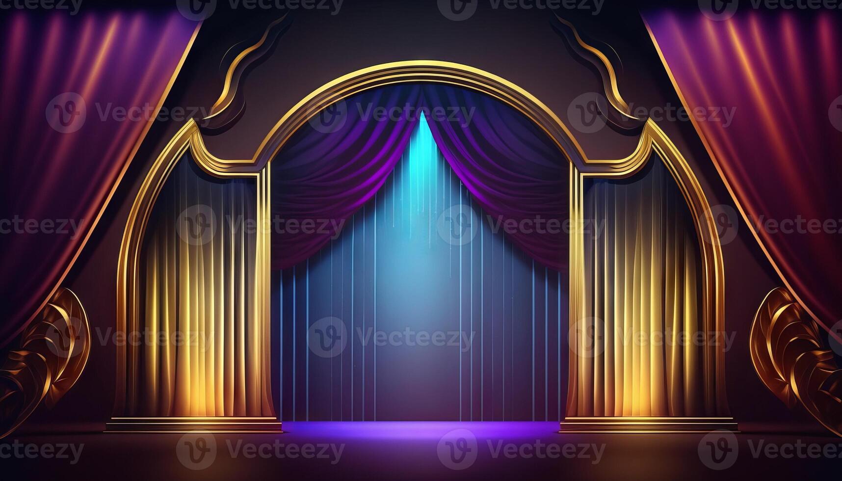 Blue purple Golden Curtain Stage Award Background. Trophy on Red Carpet Luxury Background. photo