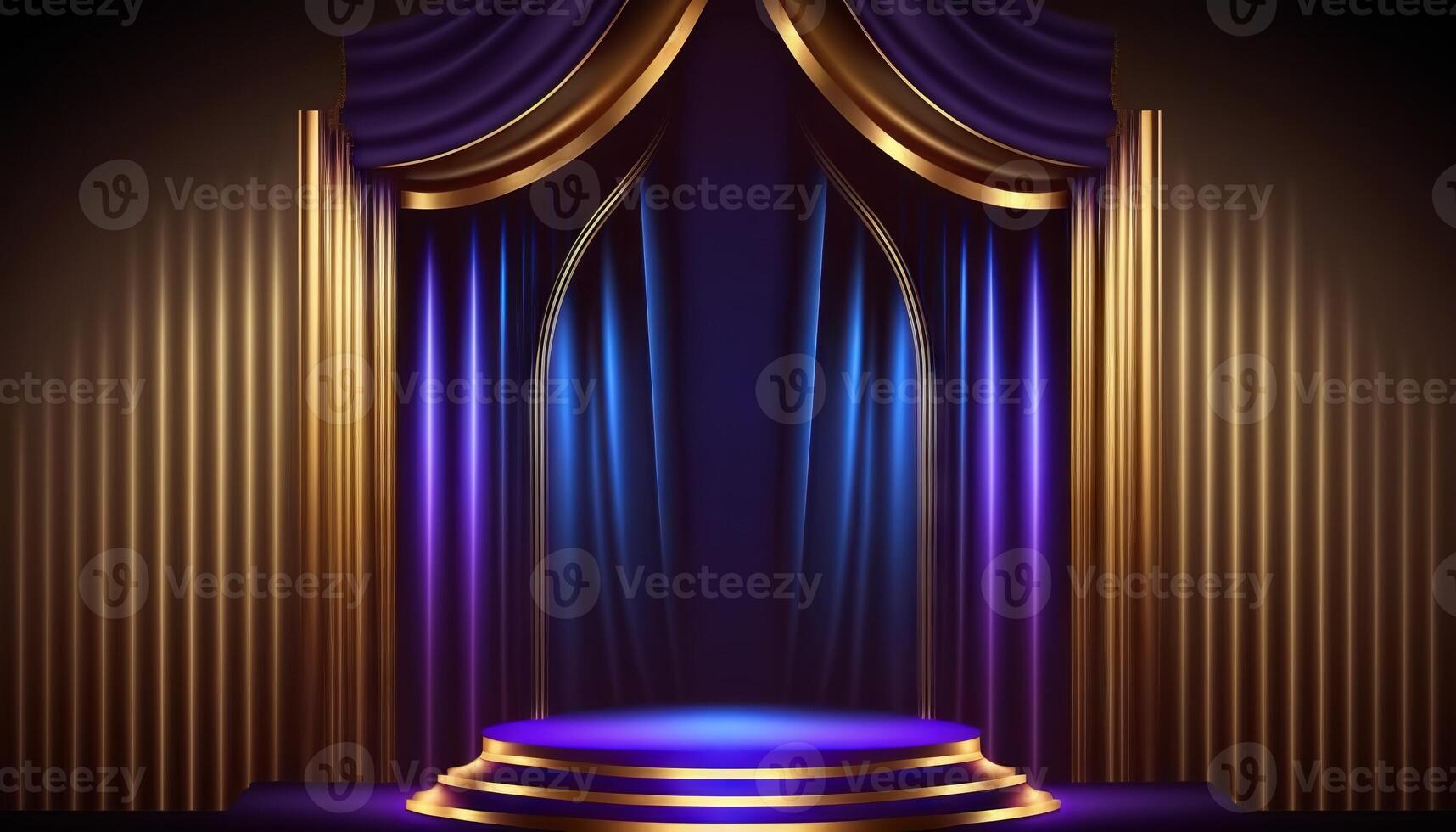 Blue purple Golden Curtain Stage Award Background. Trophy on Red Carpet Luxury Background. photo