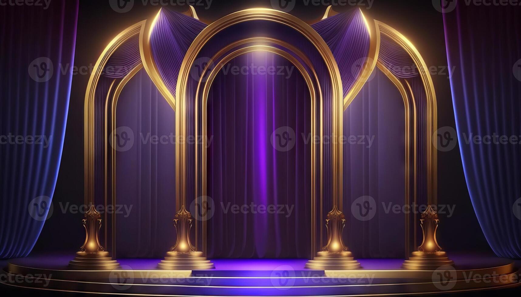 Blue purple Golden Curtain Stage Award Background. Trophy on Red Carpet Luxury Background. photo