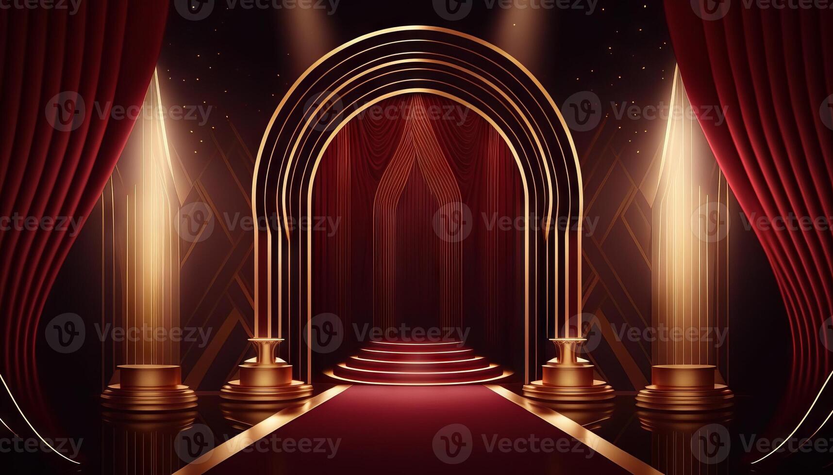 Red Maroon Golden Curtain Stage Award Background. Trophy on Red Carpet Luxury Background. photo