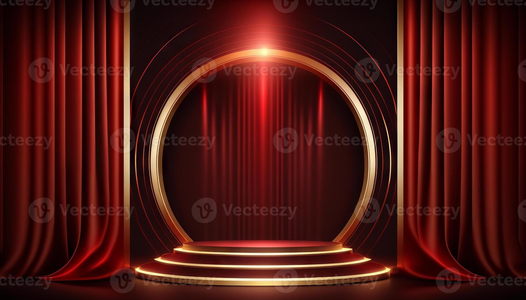 Red Maroon Golden Curtain Stage Award Background. Trophy on Red Carpet Luxury Background. photo