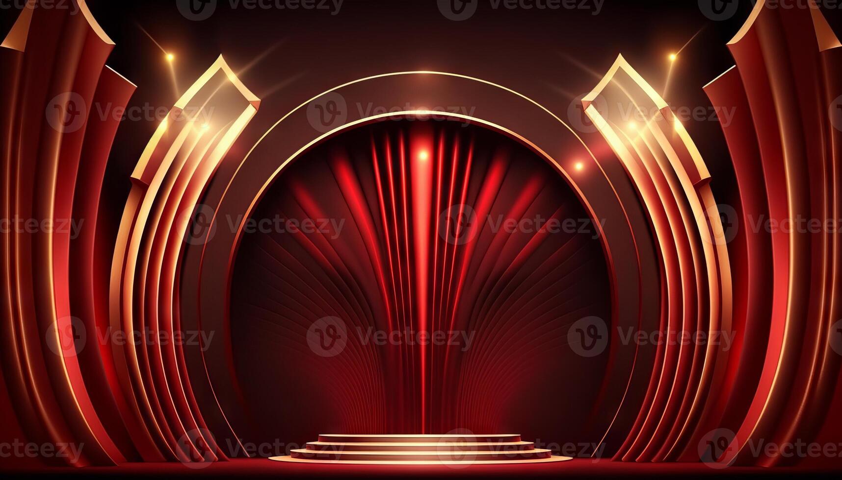 Red Maroon Golden Curtain Stage Award Background. Trophy on Red Carpet Luxury Background. photo