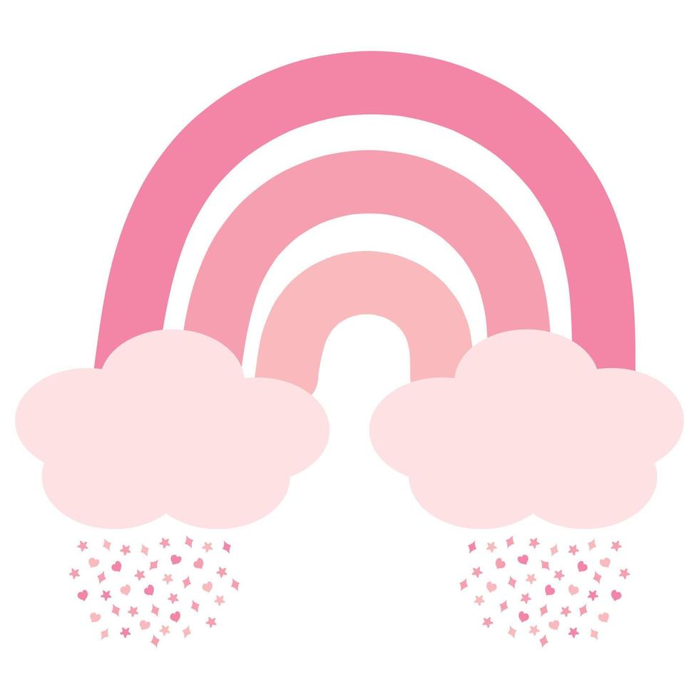 Pink boho rainbow with clouds, stars, hearts and rhombuses. Vector illustration