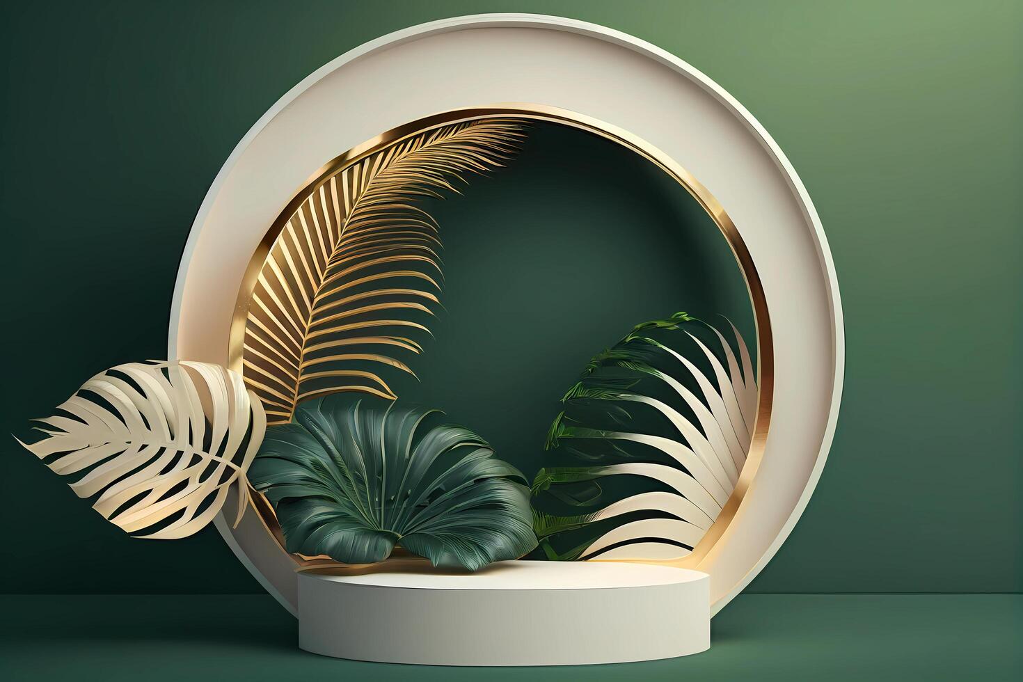 White product podium with green tropical palm leaves photo