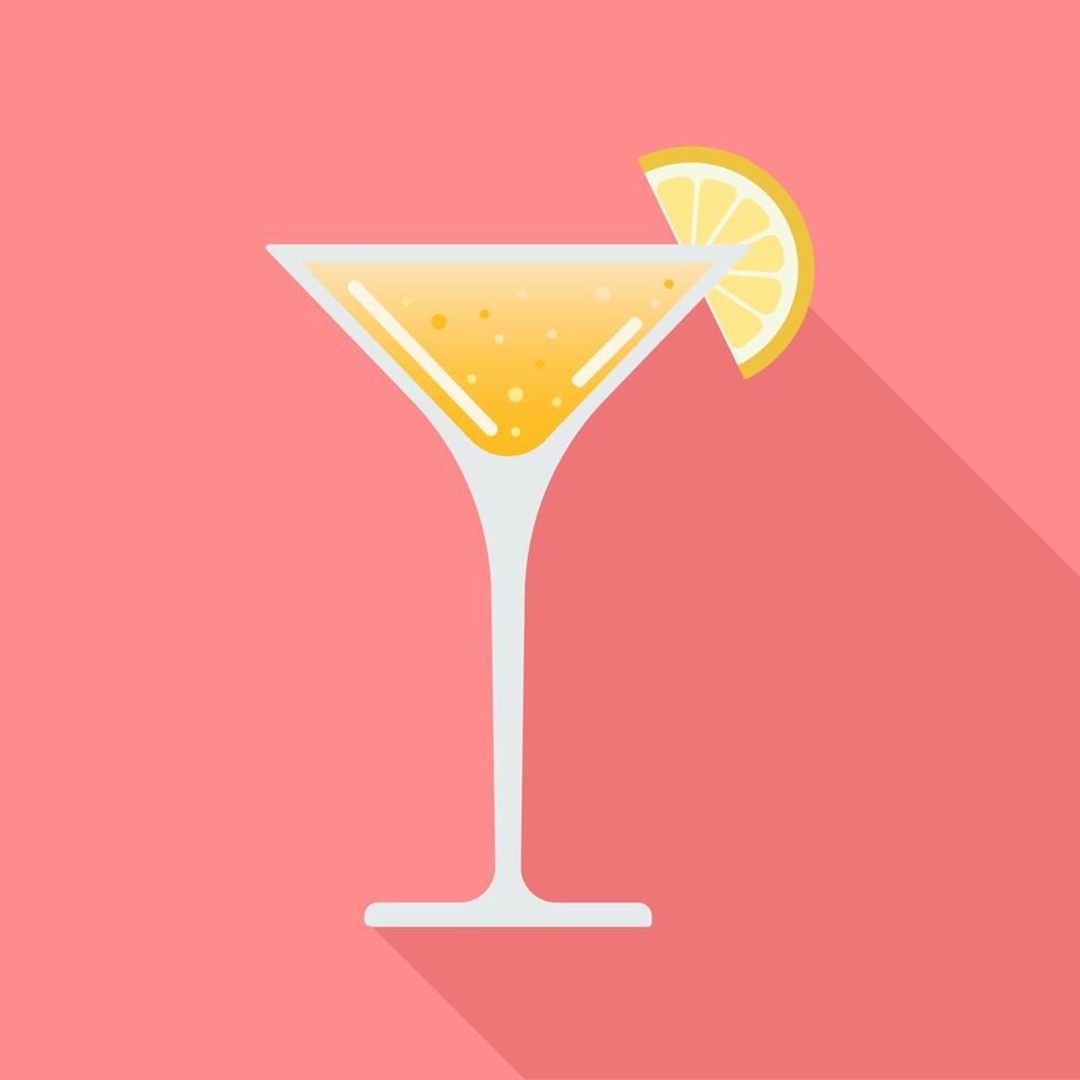 Icon, sticker, illustration. Glass with lemon cocktail with bubbles on blue background. Summer, cocktail, fruit vector