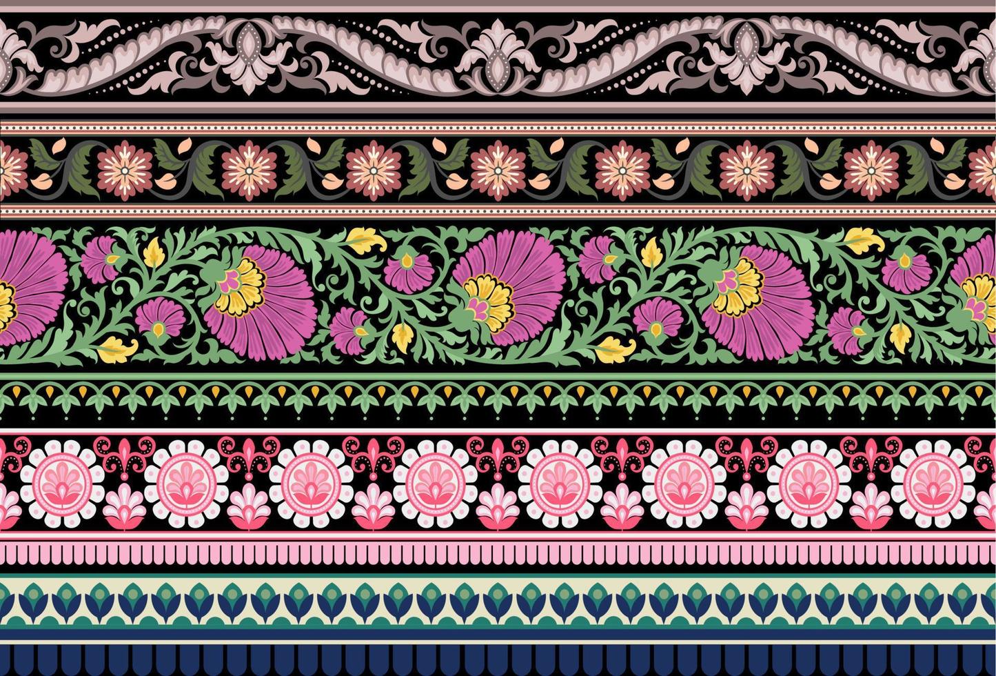 conjunto étnico sin costura fronteras y flor ornamento, motivo sorteos trabajando ilustración flores y ornamento motivo India diseño elementos escote modelo o, repetir el floral textura vector