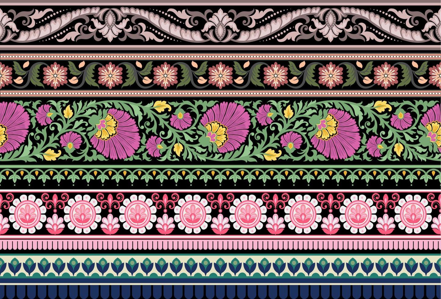 Set Ethnic Seamless borders and flower ornament, motif draws working illustration flowers and  ornament motif India design elements Neckline pattern or, repeat the floral texture vector