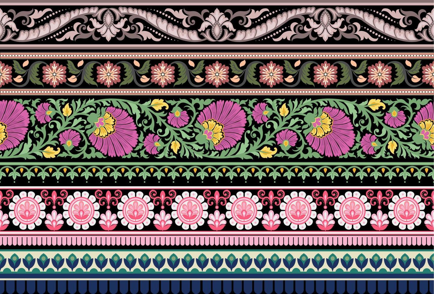 Set Ethnic Seamless borders and flower ornament, motif draws working illustration flowers and  ornament motif India design elements Neckline pattern or, repeat the floral texture vector