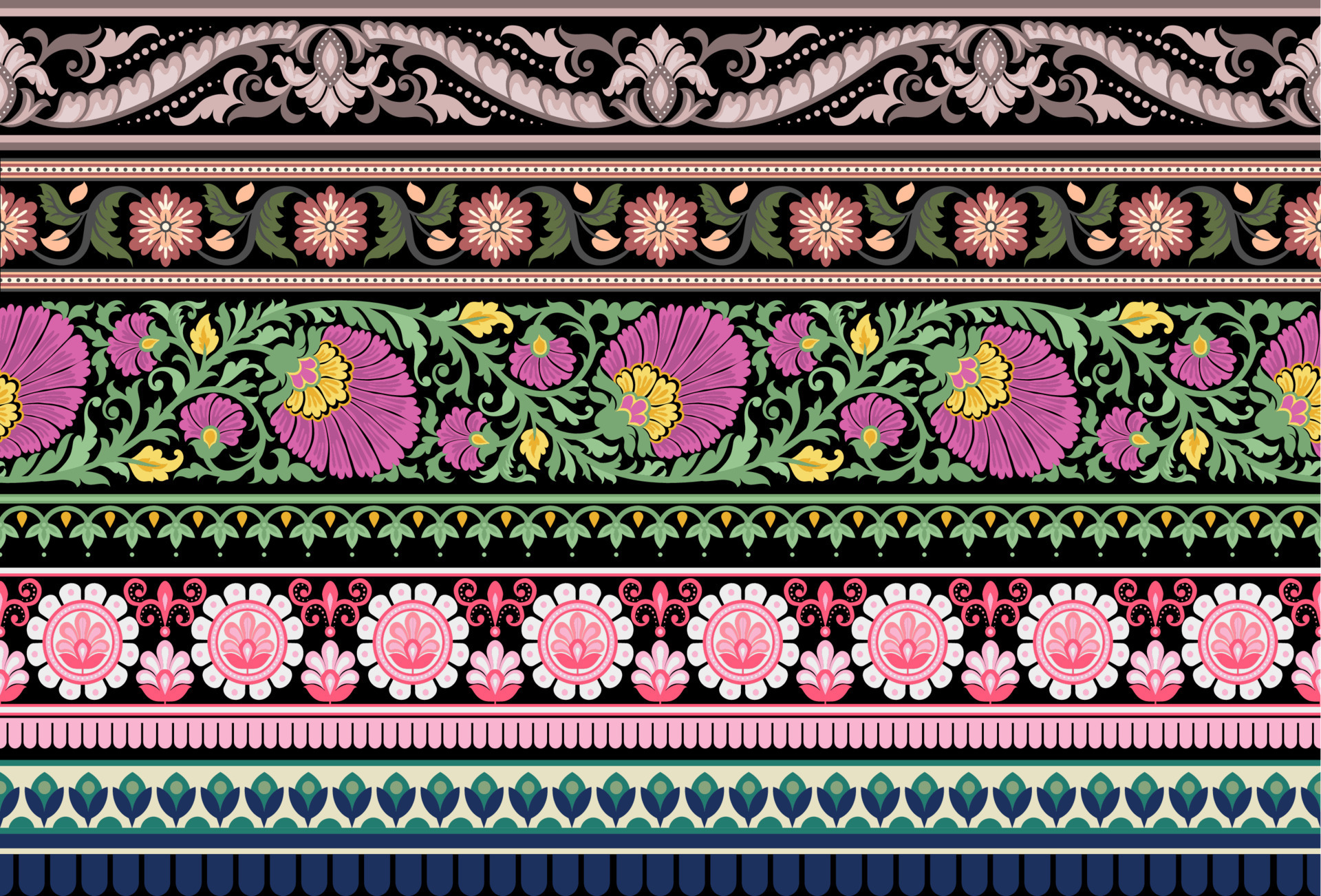 Set Ethnic Seamless borders and flower ornament, motif draws working