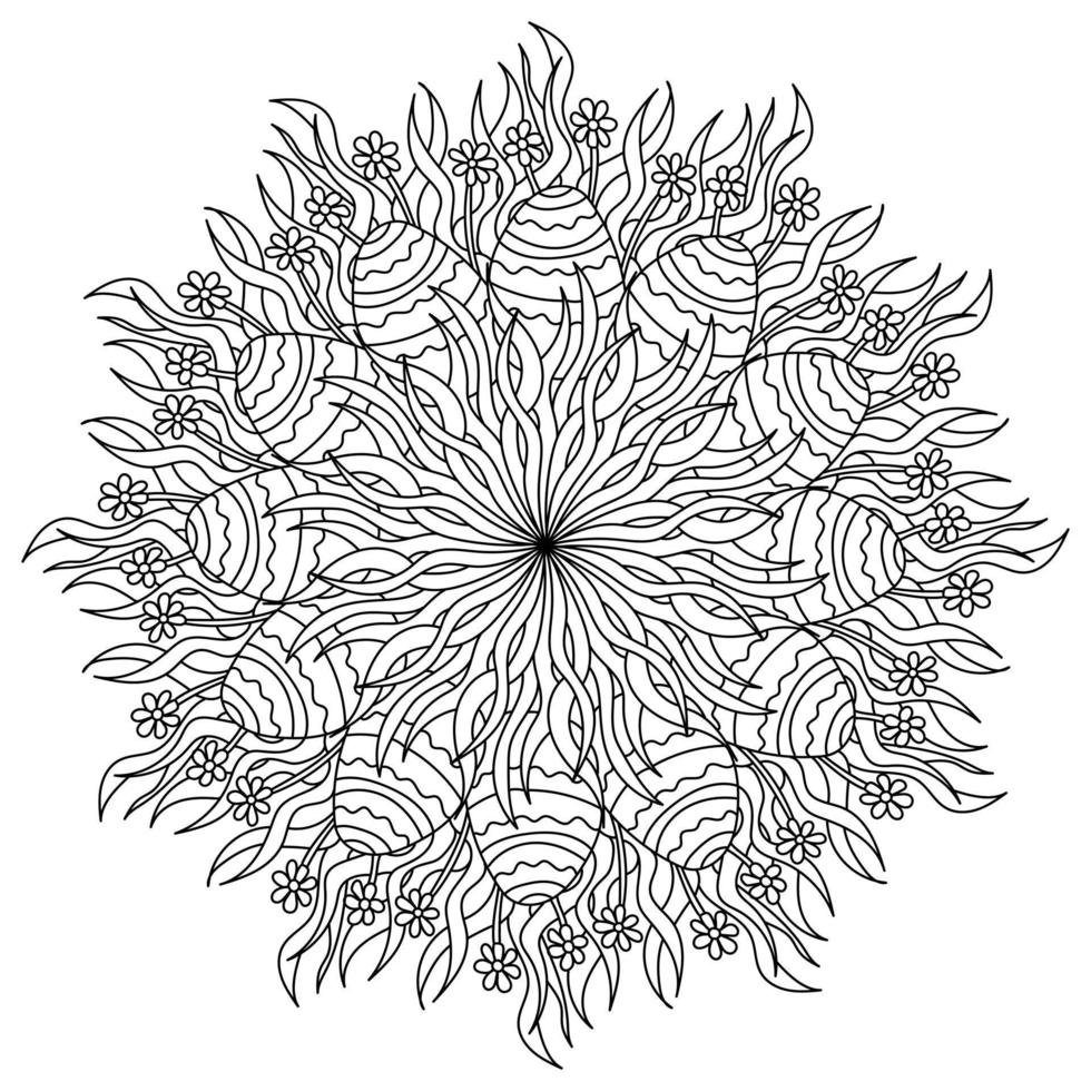 Mandala with Easter eggs in grass and flowers, coloring page for holiday activity vector