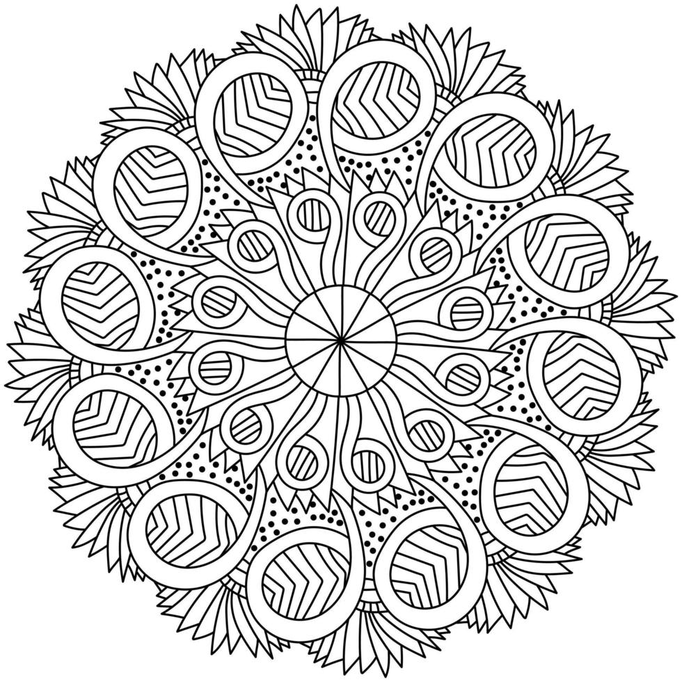 Mandala with striped circles, meditative abstract coloring page vector