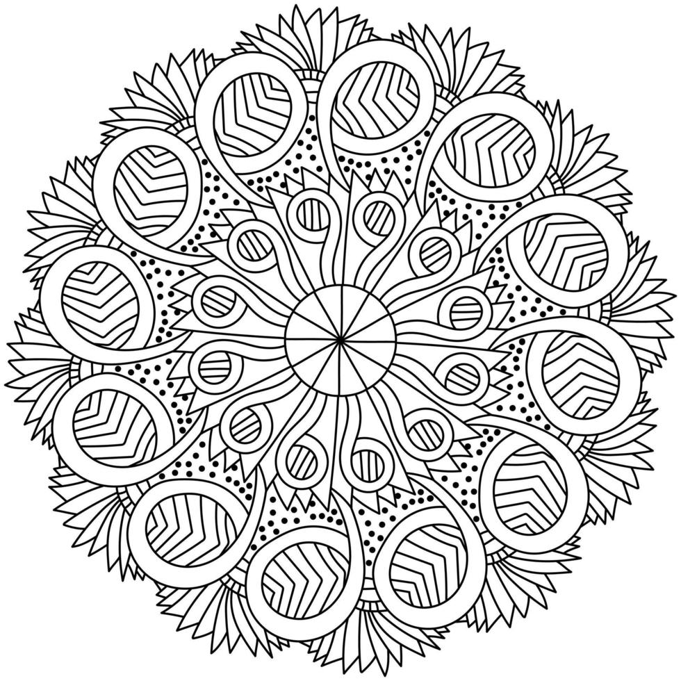 Mandala with striped circles, meditative abstract coloring page vector