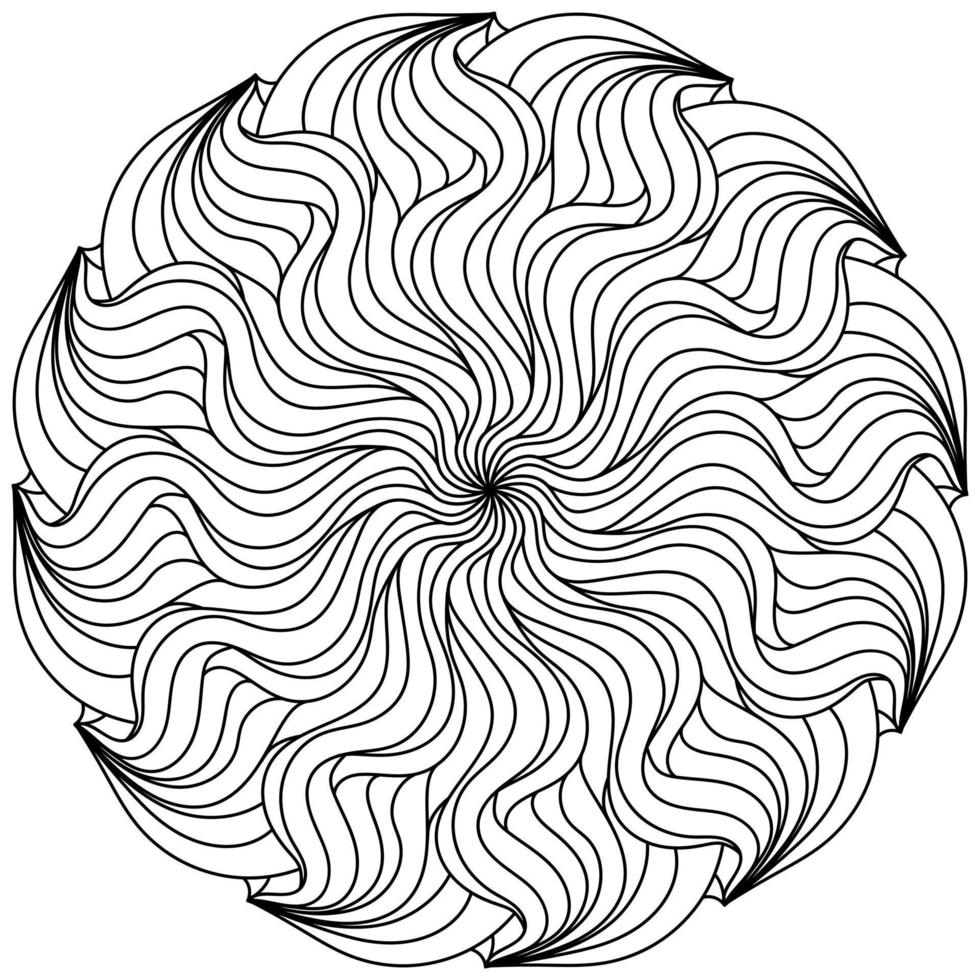 Ornate mandala with striped petals, meditative coloring page vector