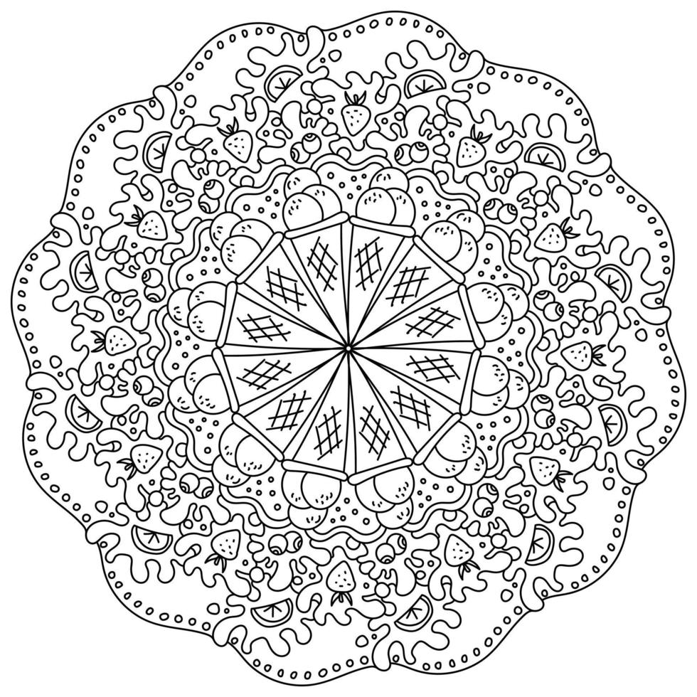 Funny mandala with ice cream cones and juicy fruits, coloring page with ornate patterns and desserts vector
