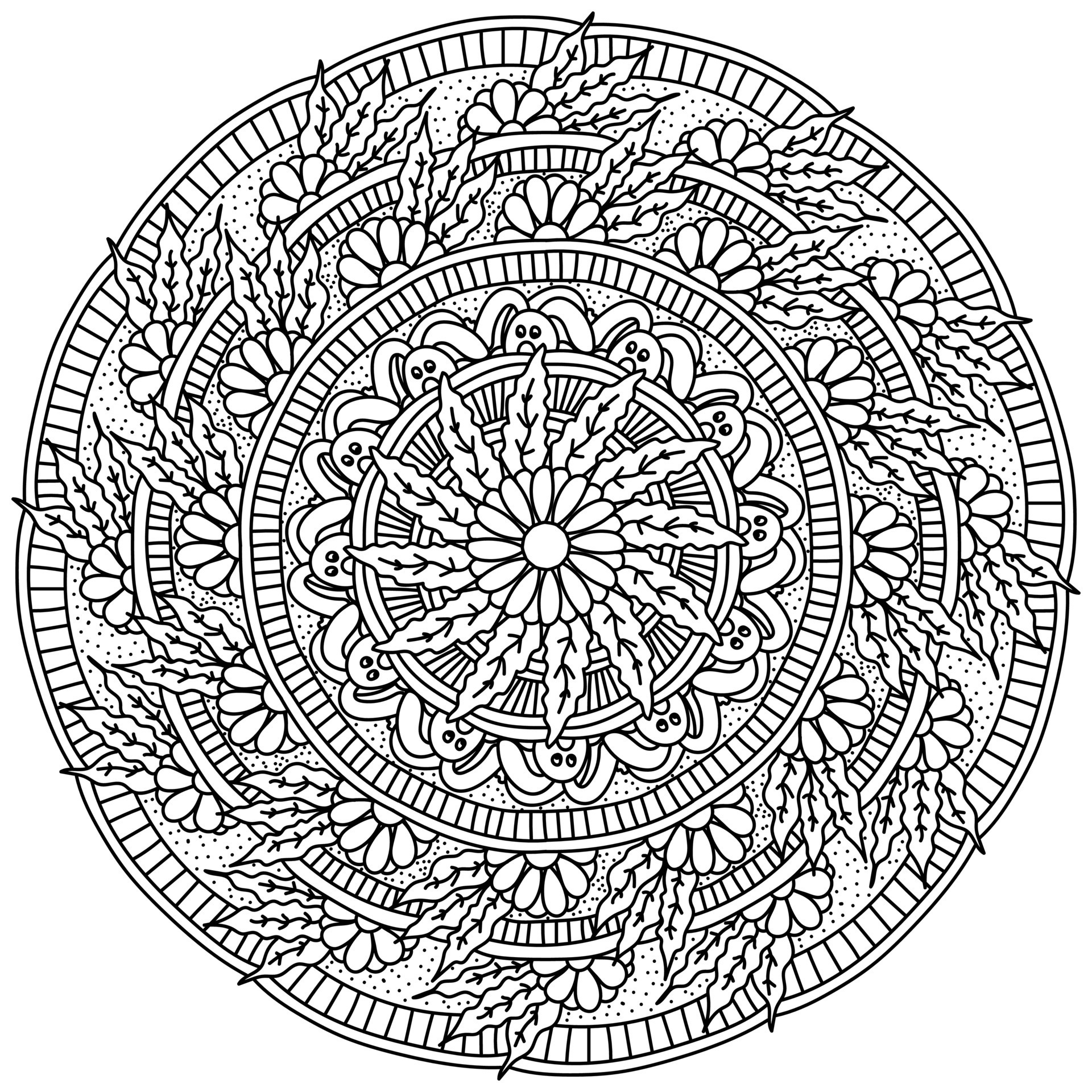 Mandala with Easter bunny in leaves and flowers, coloring page for