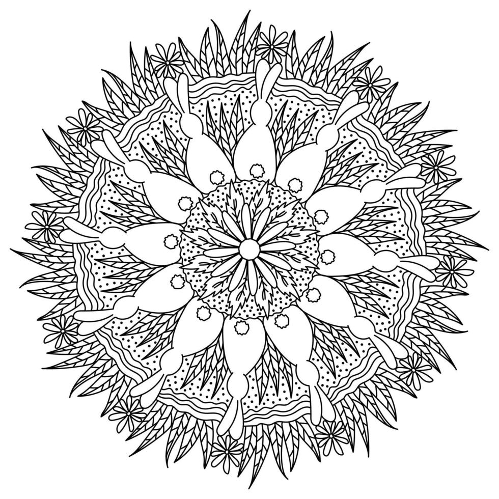 Mandala with rabbit and flowers for Easter, coloring page for holiday activity vector
