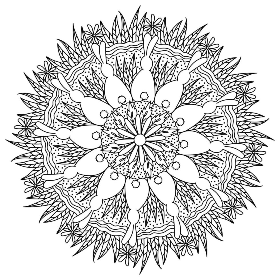 Mandala with rabbit and flowers for Easter, coloring page for holiday activity vector