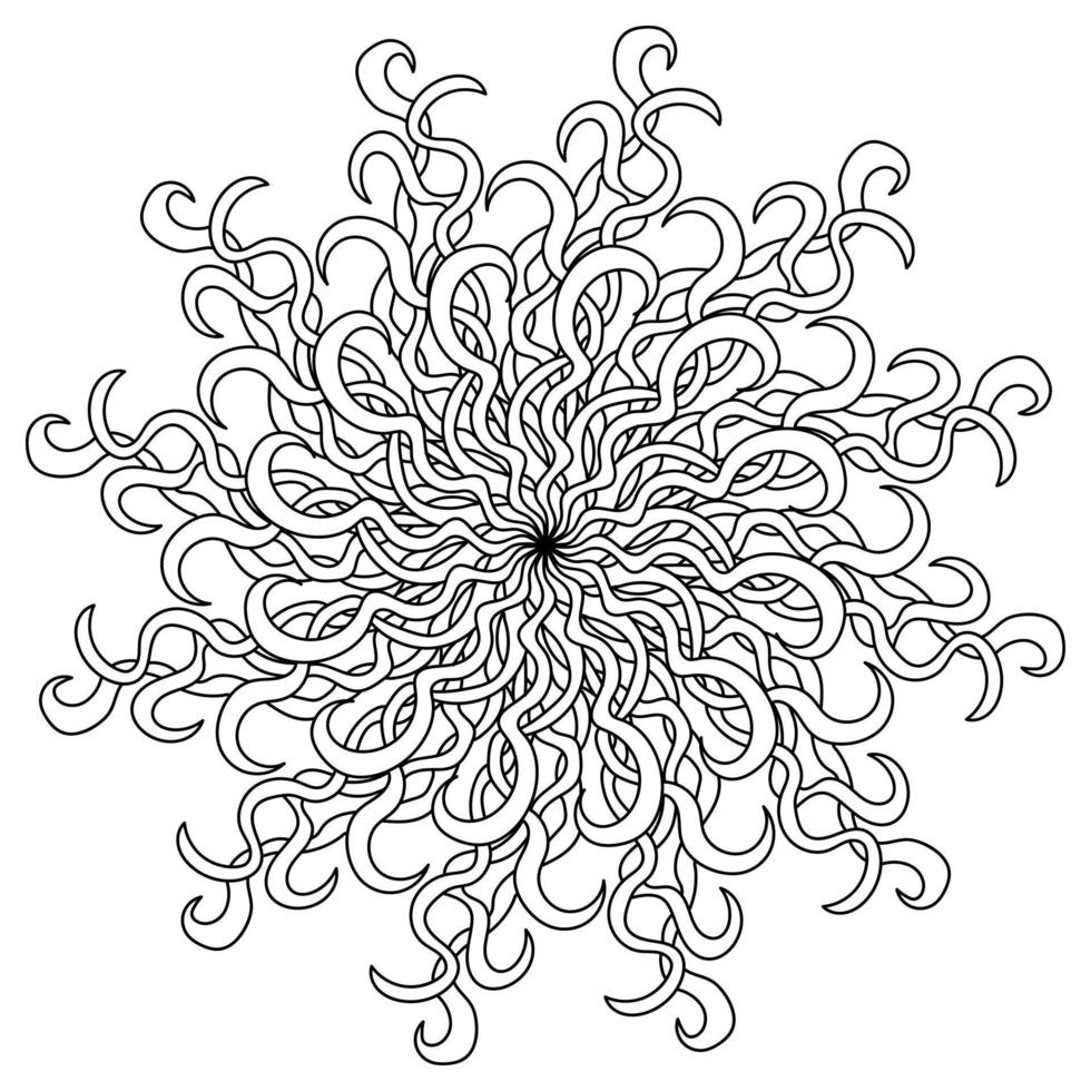 Mandala of ornate narrow petals woven together, meditative coloring page vector