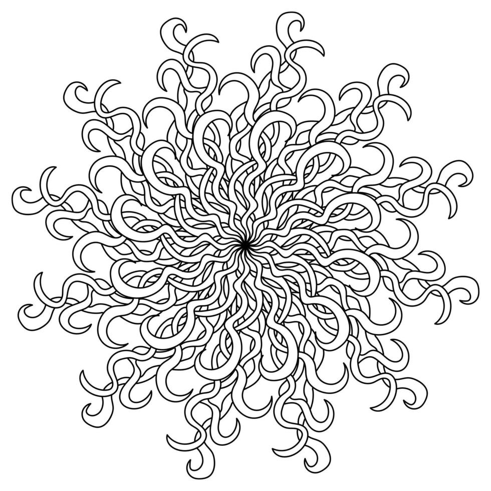 Mandala of ornate narrow petals woven together, meditative coloring page vector