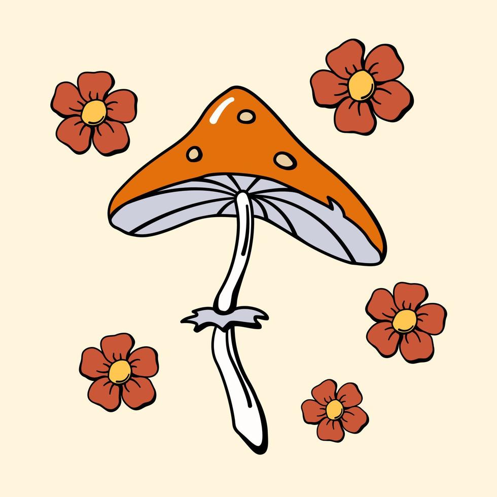 Toadstool mushroom and flowers 70s retro style color vector illustration design elements. Hand drawn hippie floral print with amanita or fly agaric